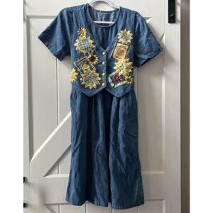 Vintage Denim Midi Dress With Tie Back Vest Embroidered Western Boho Floral